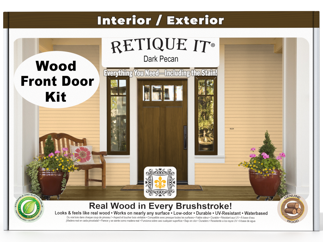 Retique It wood front door kit packaging with a door and bench illustration.
