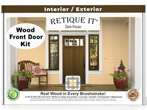 Retique It wood front door kit packaging with a door and bench illustration.
