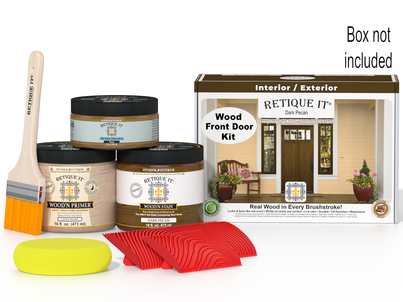 Wooden door painting kit with paint cans, brush, and packaging on a white background