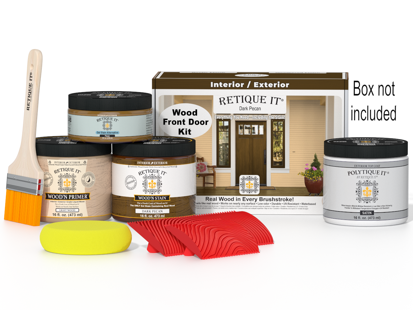 Retique It wood front door kit with paint cans, brush, and other tools on a white background
