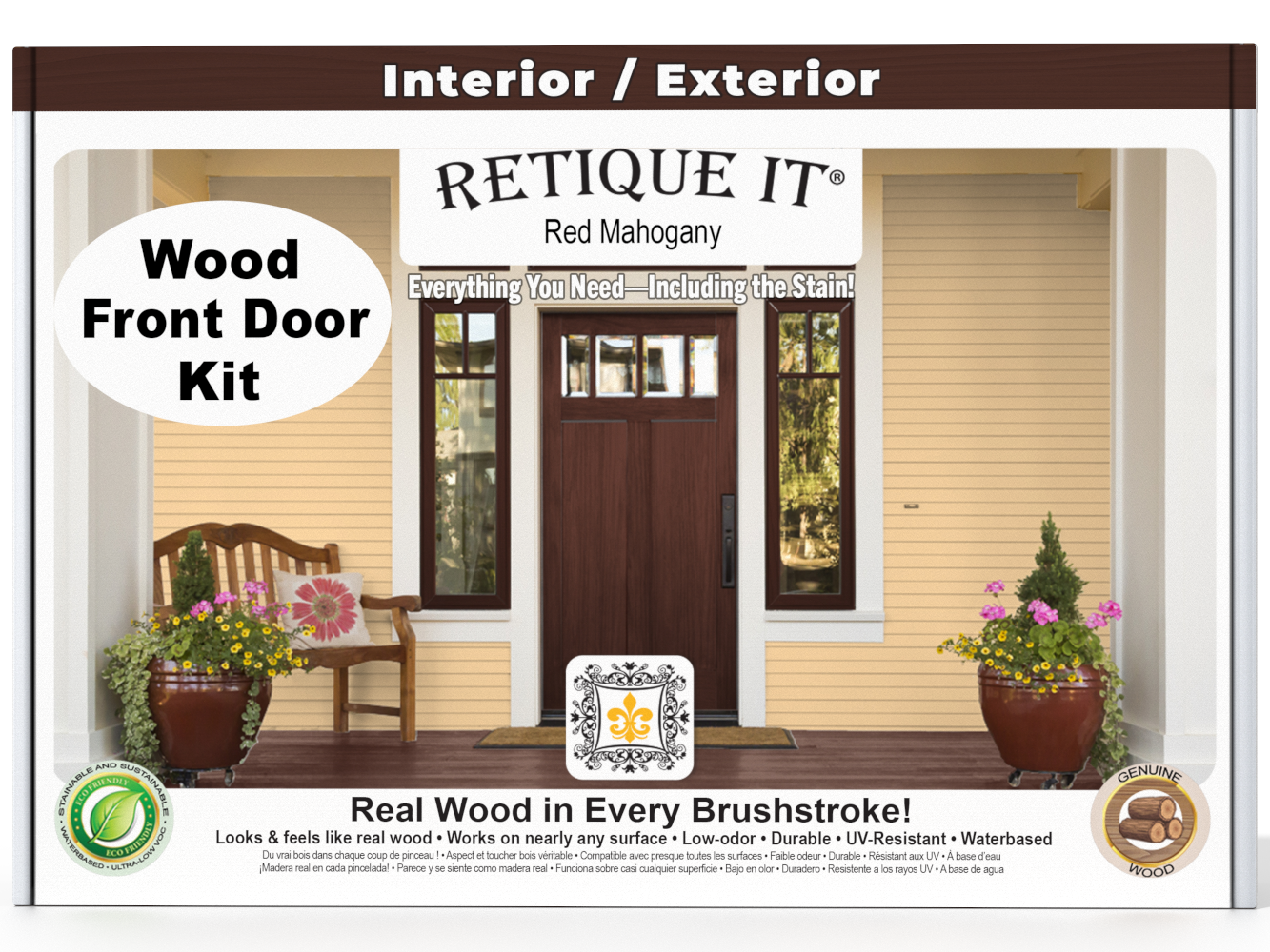 Retique It wood front door kit packaging with a door and bench on a porch.