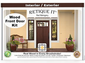 Retique It wood front door kit packaging with a door and bench on a porch.