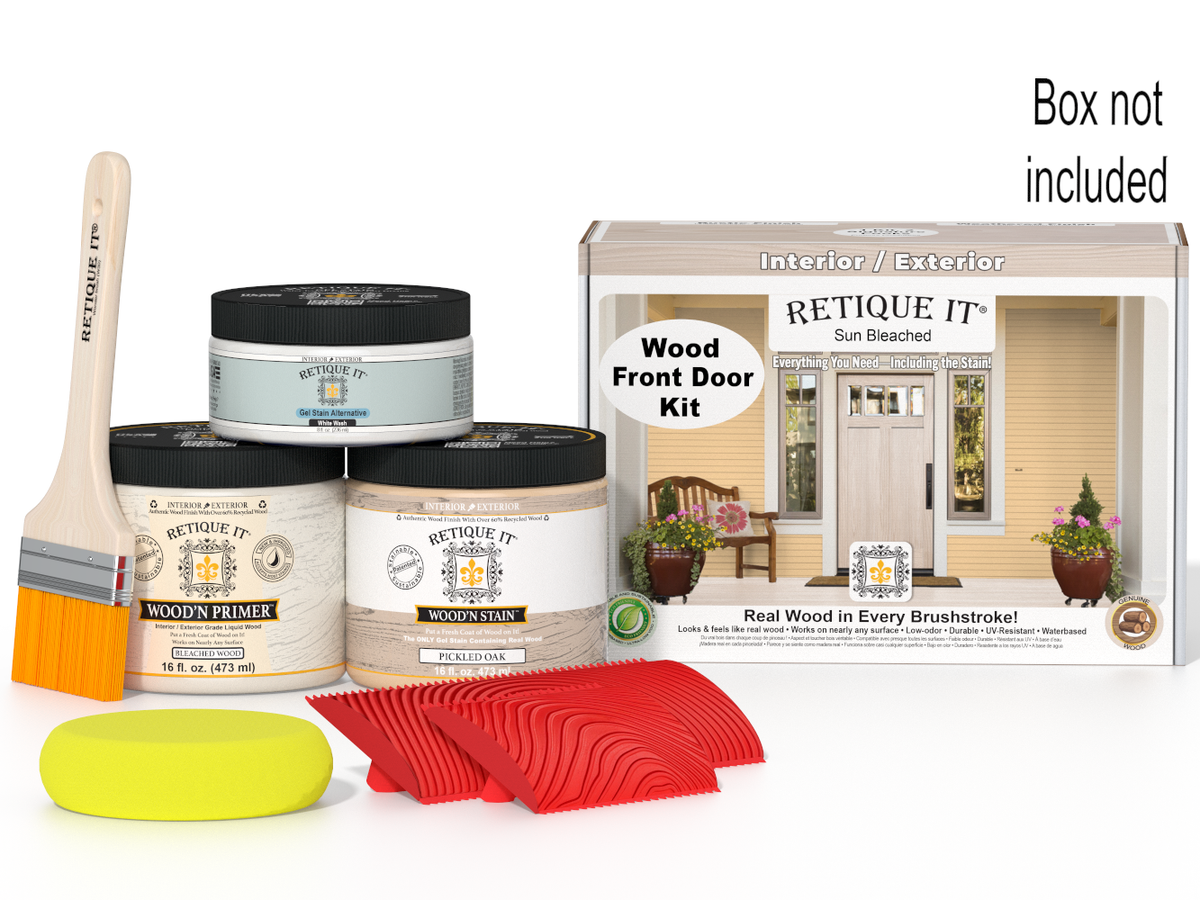 Painting kit with tools and a box labeled 'Retique It' on a white background