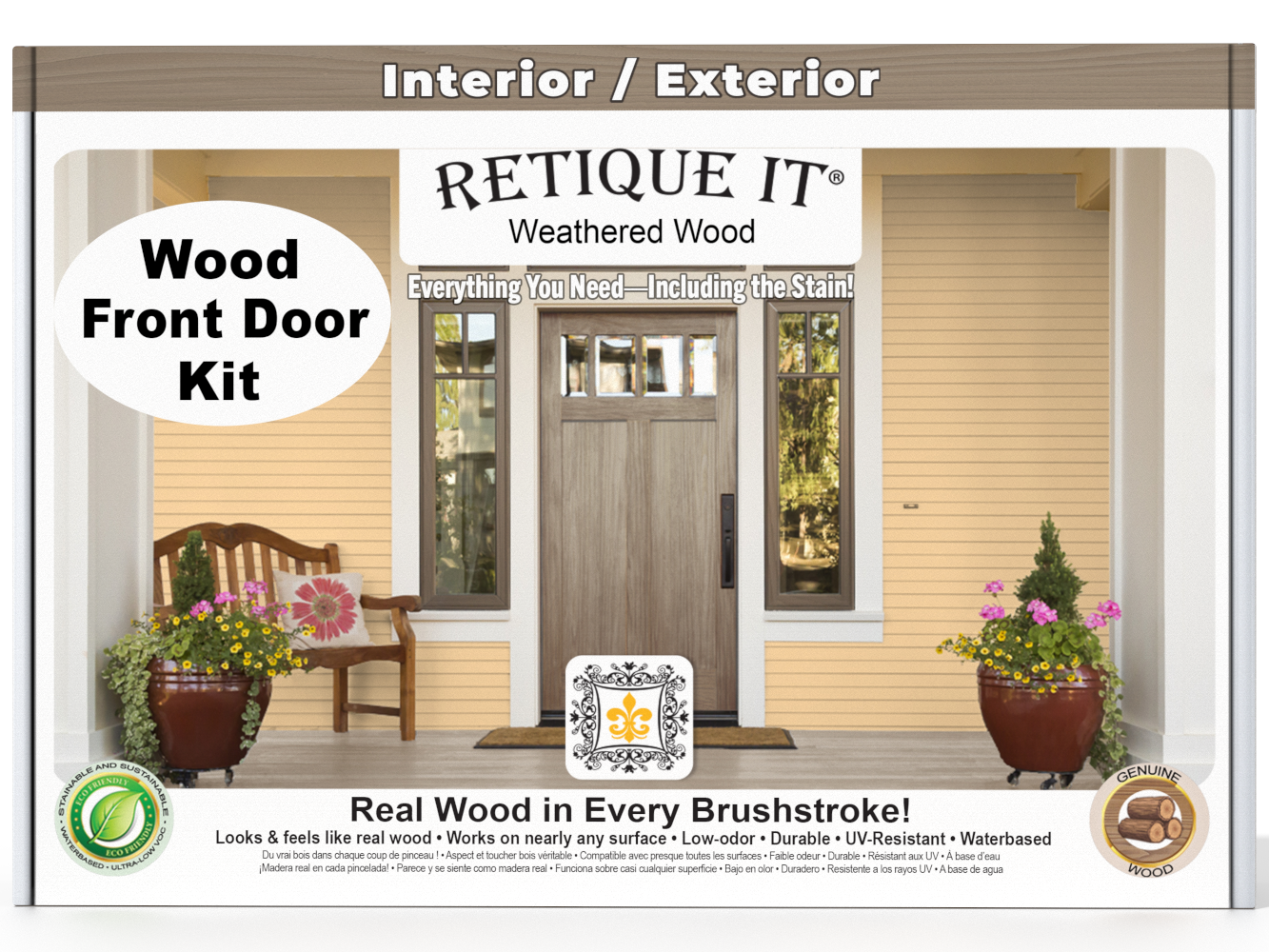Retique It Wood Front Door Kit packaging with a door and garden scene on a white background