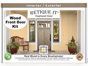 Retique It Wood Front Door Kit packaging with a door and garden scene on a white background