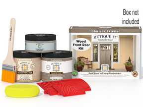 Retique It wood front door kit with paint cans, brush, and packaging on a white background