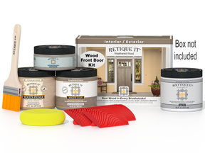 Wooden door painting kit with paint cans, brushes, and a box on a white background