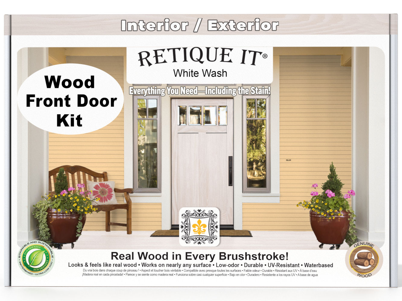 Retique It wood front door kit packaging with a white washed door and porch scene.