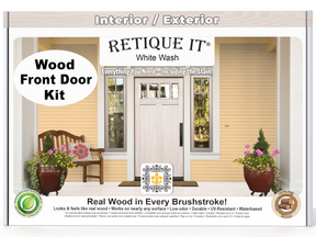 Retique It wood front door kit packaging with a white washed door and porch scene.
