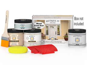 Retique It wood finish kit with paint cans, brush, and packaging on a white background