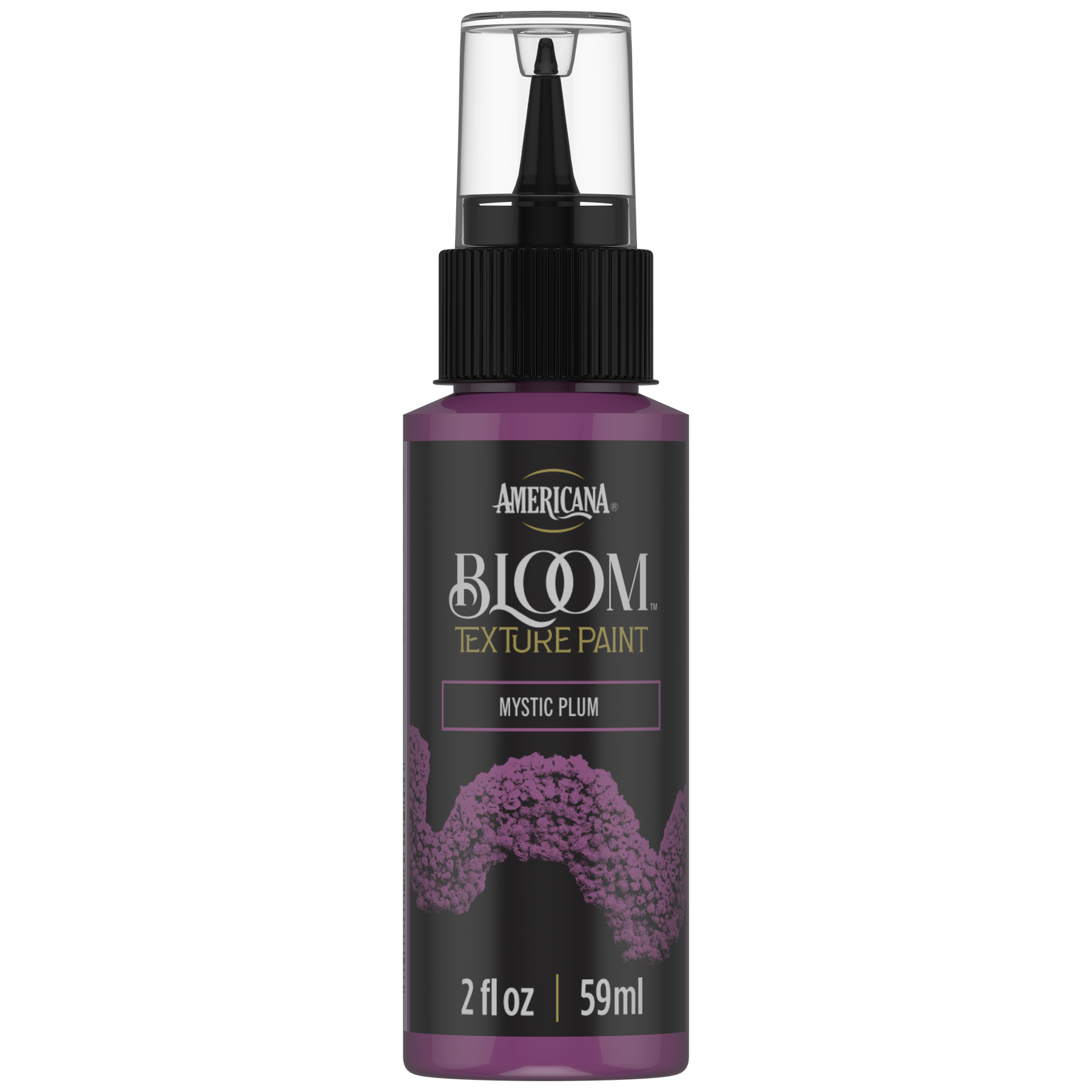 DecoArt Bloom Texture Paint in Mystic Plum, front view of the craft paint container mislabeled?