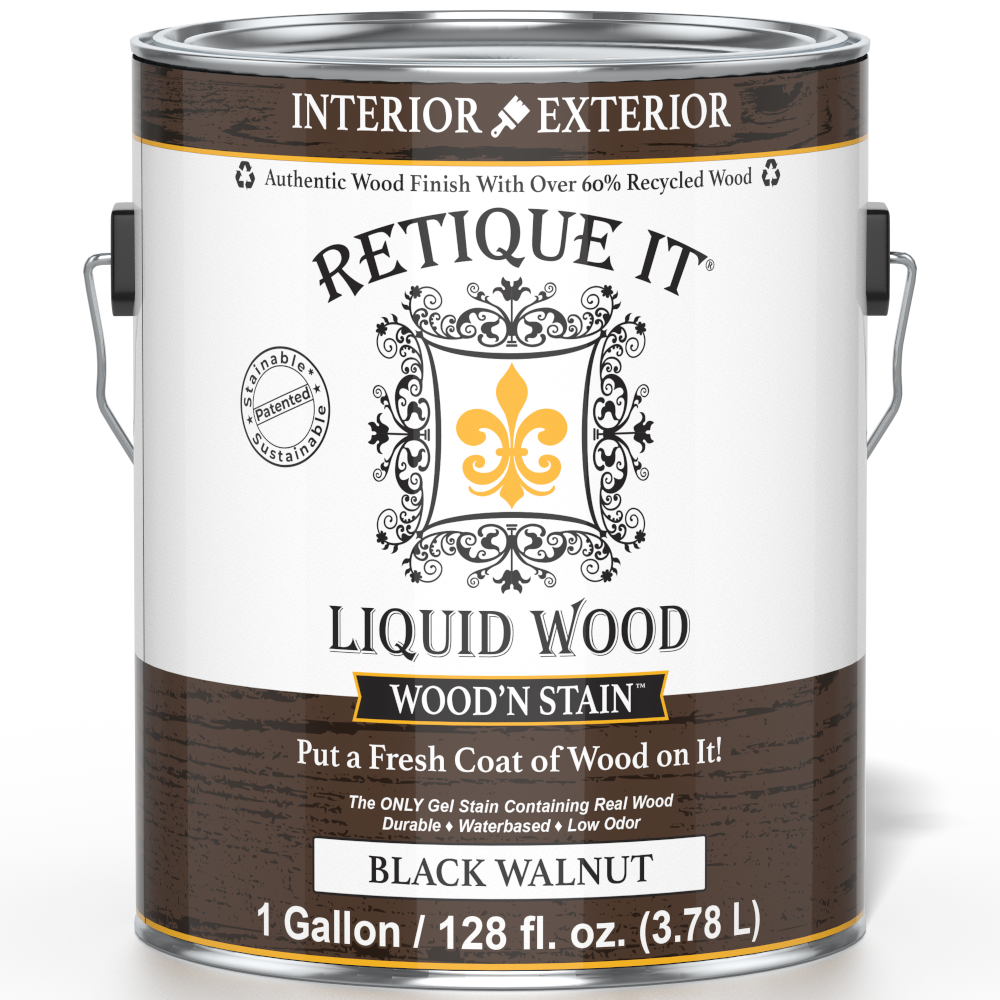 Retique It Liquid Wood Wood'n Stain in Black Walnut, 128 oz, showcasing the front view of the stain container with label details.