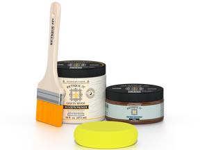 Retique It® White Oak Multipurpose Kit contents with Liquid Wood primer, Pecan gel stain alternative, paintbrush, and yellow sponge.