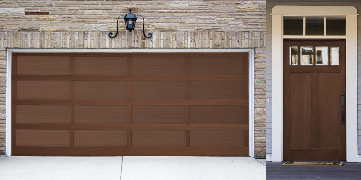 Retique It wood finish kit with Java exterior top coat, smooth matte finish on a garage door surface.