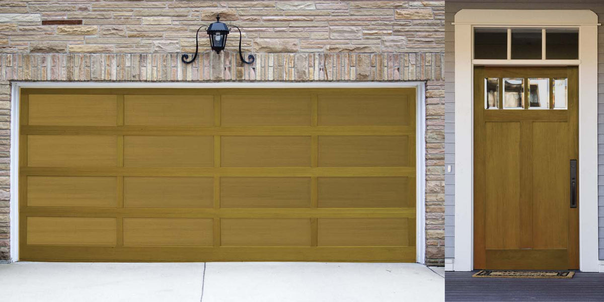 Retique It Multi-purpose Smooth Finish Kit in Old Oak for exterior wood surfaces, featuring a matte top coat on a garage door.