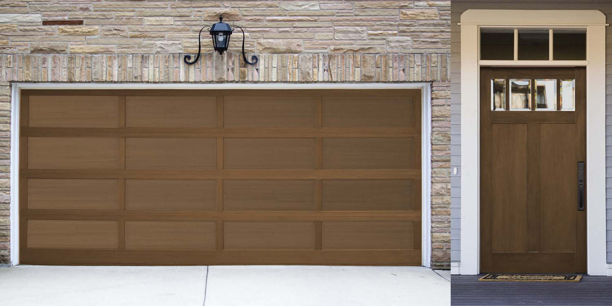 Retique It Large Dark Oak exterior wood finish kit with smooth gloss top coat applied to a garage door surface.
