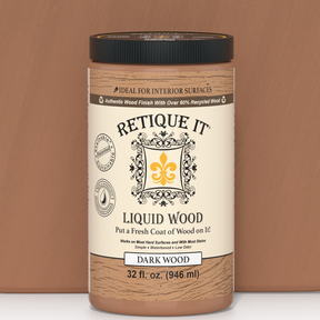 Retique It® Liquid Wood interior paint in 32oz dark shade, displayed in front of a color swatch for furniture or wall decorating.