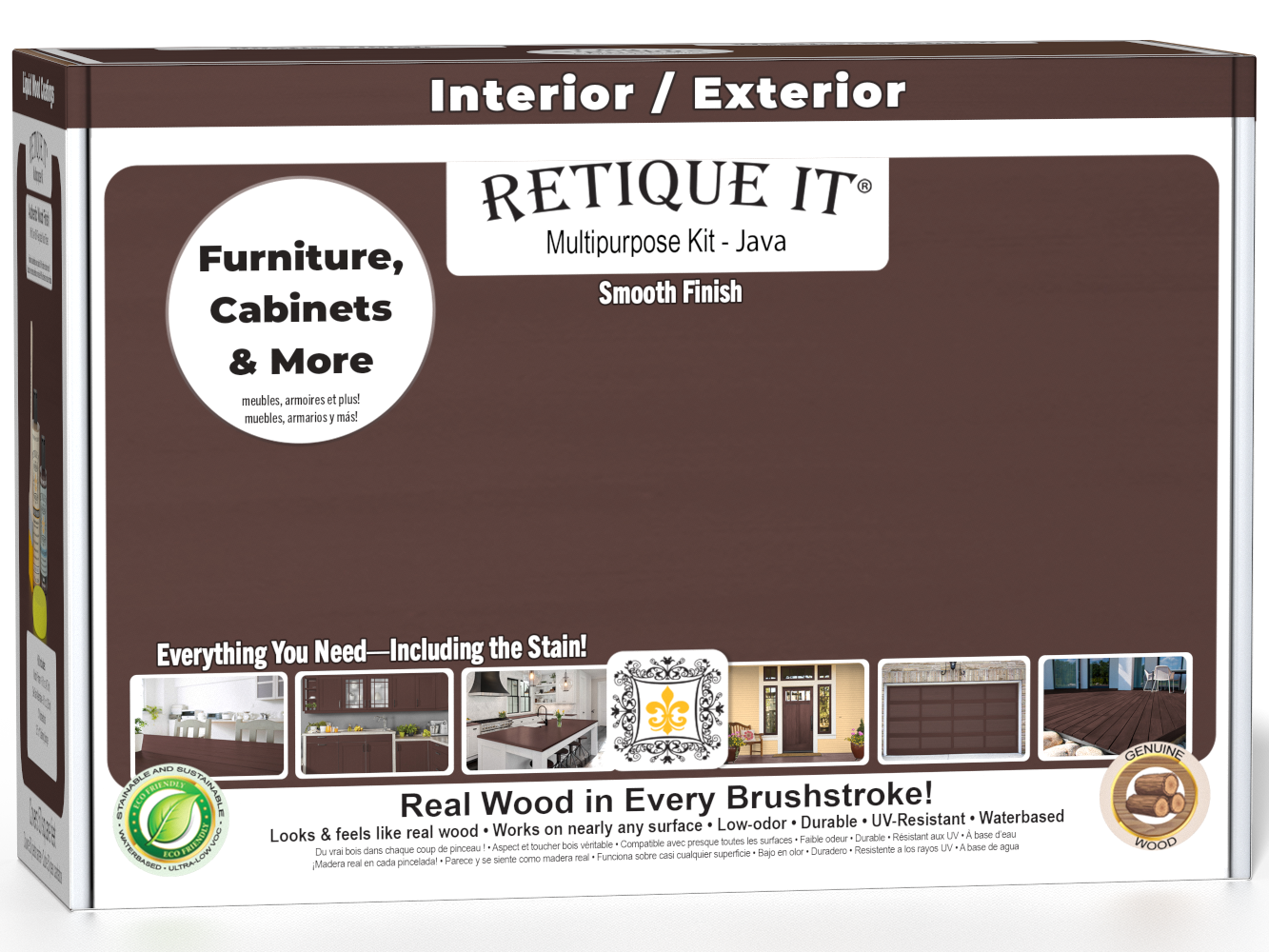 Retique It® Multi-purpose Smooth Finish Kit in Java for exterior wood, includes top coat and matte finish.