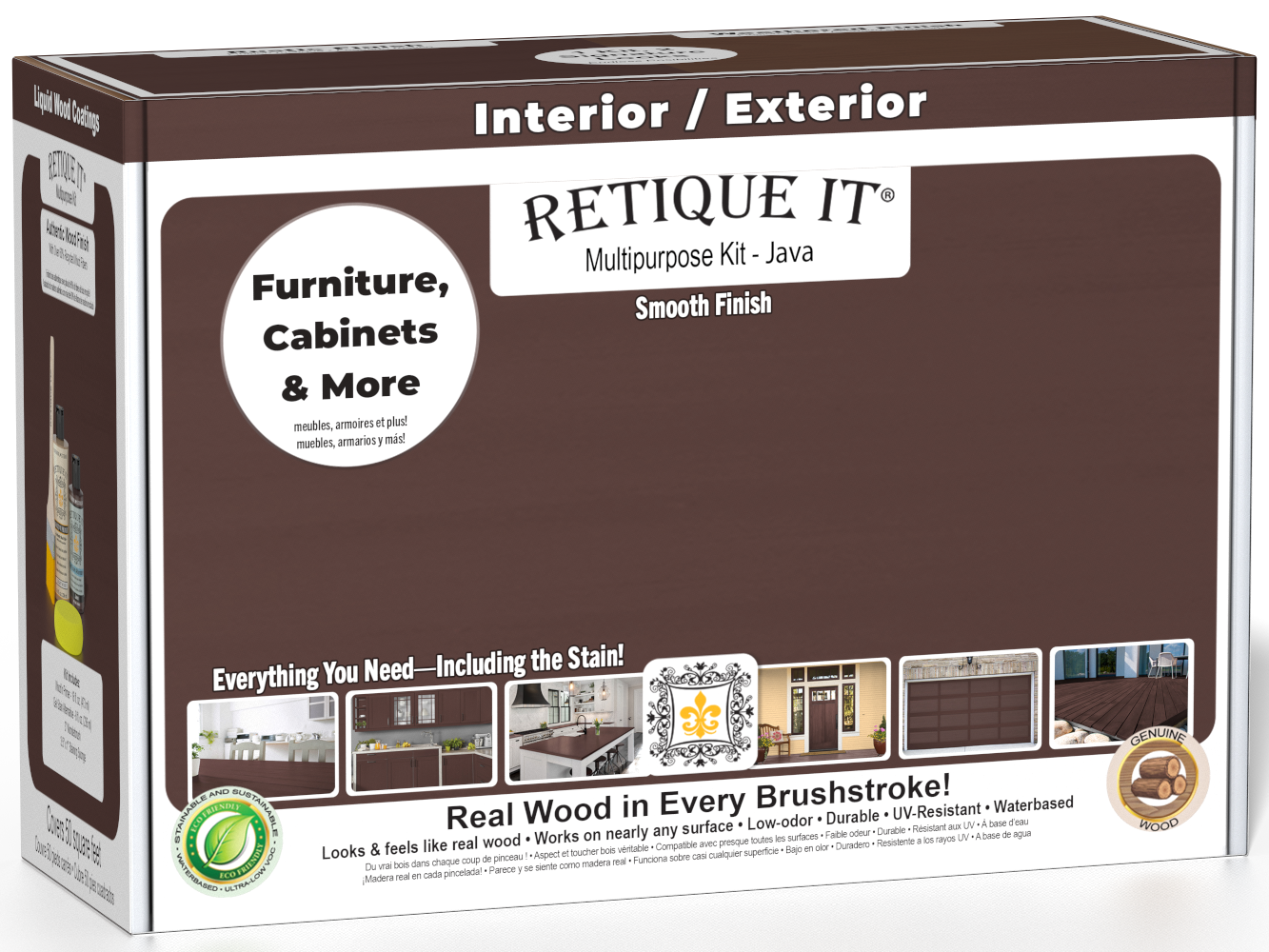 Retique It® Multi-purpose Smooth Finish Kit in Java for exterior wood projects, featuring a matte top coat in a box.