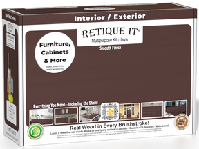 Retique It® Multi-purpose Smooth Finish Kit in Java for exterior wood projects, featuring a matte top coat in a box.