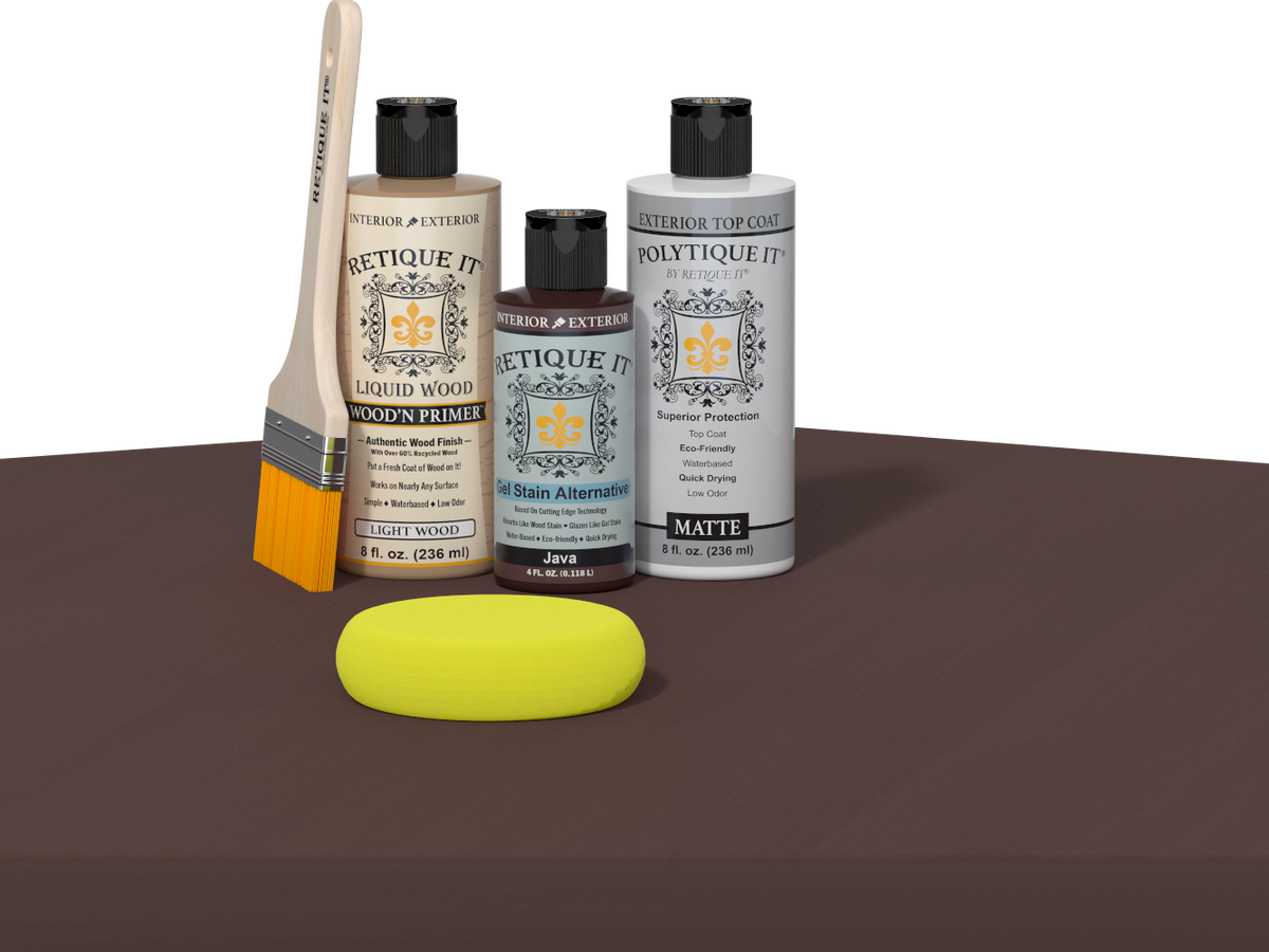 Retique It® Multi-purpose Smooth Finish Kit in Java for exterior wood top coating, includes application tools and sample wood surface.