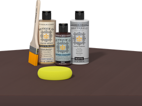 Retique It® Multi-purpose Smooth Finish Kit in Java for exterior wood top coating, includes application tools and sample wood surface.