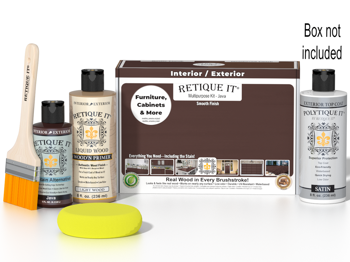 Retique It Multi-purpose Smooth Finish Kit in Java, exterior top coat satin wood finish with included application tools and box.