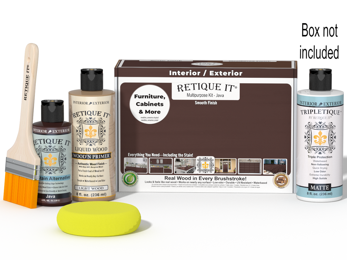 Retique It® Multi-purpose Smooth Finish Kit in Java for interior wood top coating, includes wood finish and application tools.