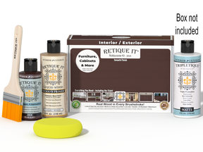 Retique It® Java Multi-purpose Smooth Finish Kit for interior wood projects, includes top coat and application tools.