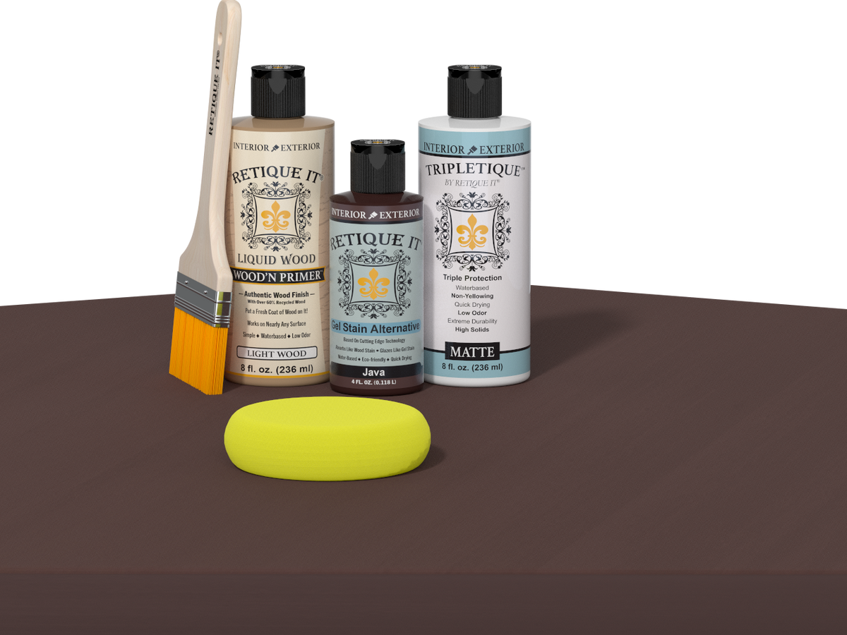Retique It® Multi-purpose Smooth Finish Kit in Java for interior wood furniture and surfaces, shown on table in the image.