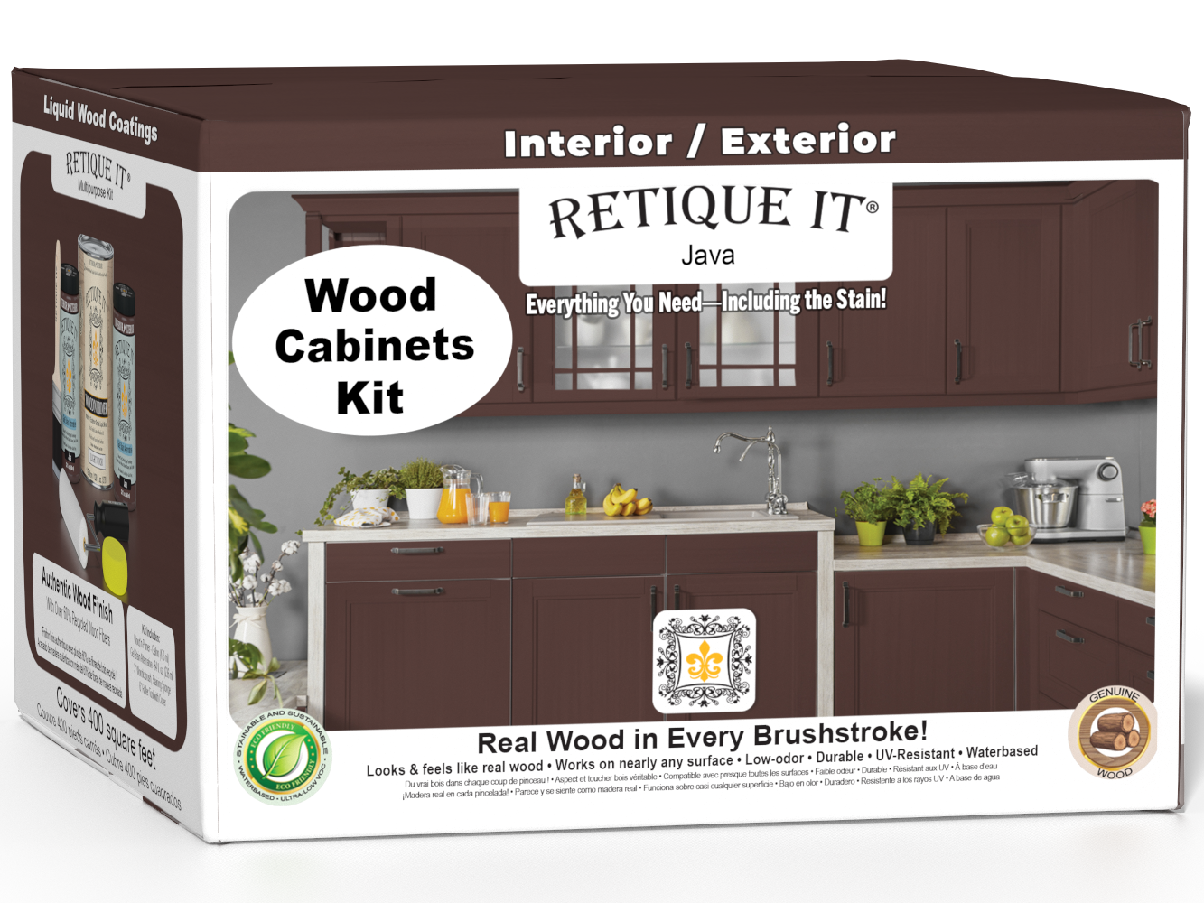 Retique It® Wood'n Cabinet Kit with Java stain, featuring 48 smooth cabinet doors and box components, ready for installation.