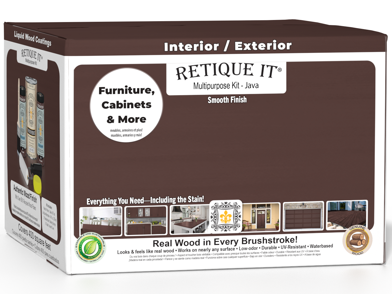 Retique It® Multi-purpose Smooth Finish Kit in Java for exterior wood projects, includes 4 large wood finish top coats.