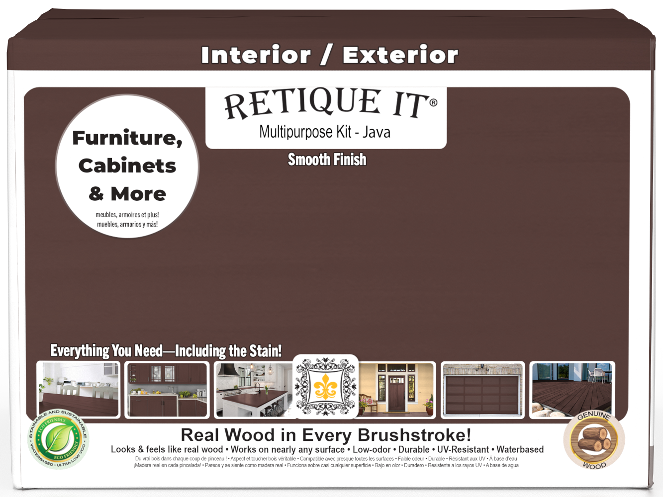 Retique It® Multi-purpose Smooth Finish Kit in Java for wood exterior top coat, showing the front box with four large kits.