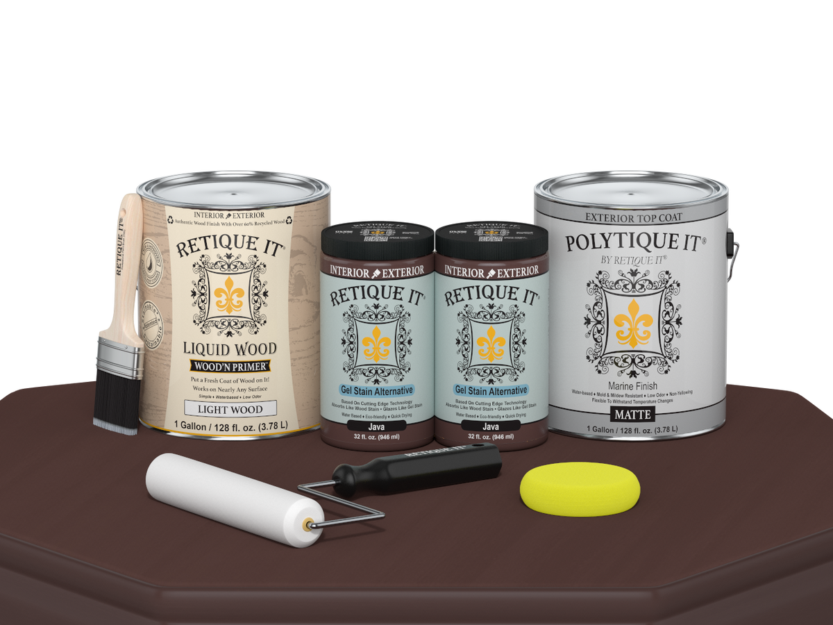 Retique It® Multi-purpose Smooth Finish Kit in Java for exterior wood projects, featuring four large matte top coat bottles.