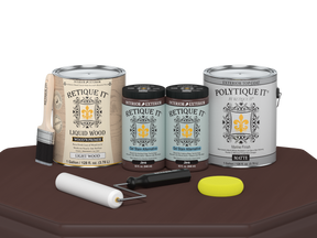 Retique It® Multi-purpose Smooth Finish Kit in Java for exterior wood projects, featuring four large matte top coat bottles.