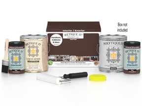 Retique It® Java multi-purpose wood finish kit with four large exterior top coat bottles and applicator tools in the box.