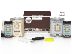 Retique It® Multi-purpose Smooth Finish Kit in Java for exterior wood projects, featuring four large matte top coat bottles.