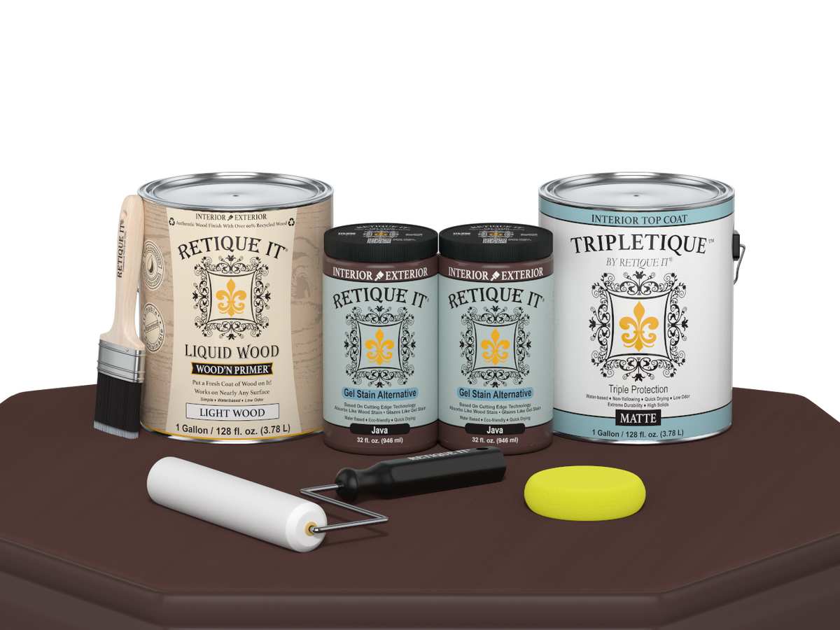 Retique It® Multi-purpose Java Smooth Finish Kit for interior wood surfaces, includes four large top coat bottles with matte finish.