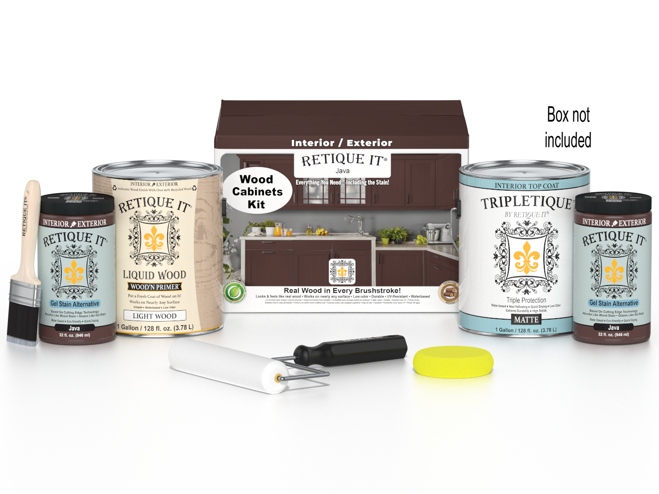 Retique It® Wood'n Cabinet Kit with 48 Java-stained, smooth cabinet doors and hardware, ideal for kitchen or bathroom renovation.