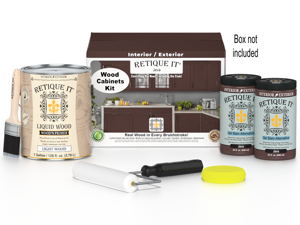 Retique It® Wood'n Cabinet Kit with 48 Java-stained smooth cabinet doors, ideal for kitchen or bathroom cabinetry.
