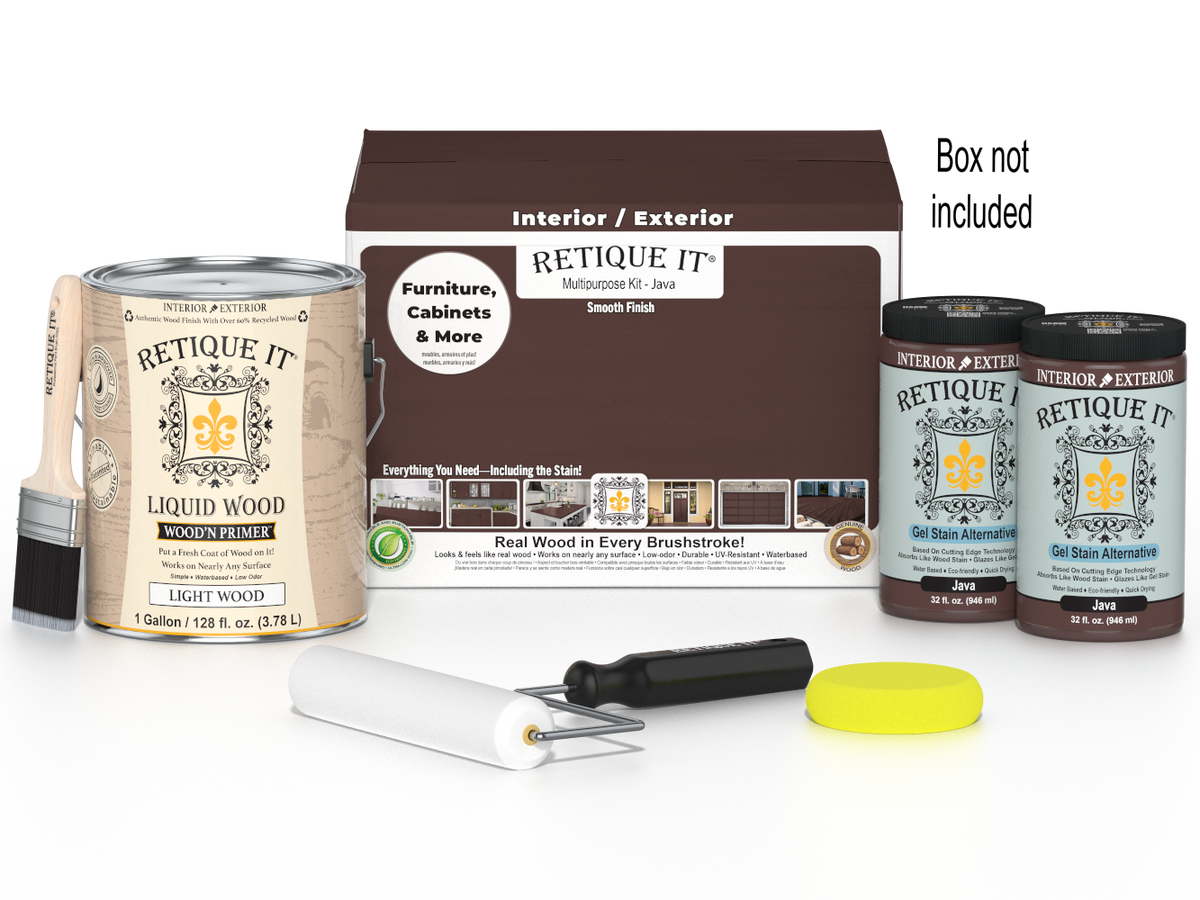 Retique It® Wood'n Finish Kit in Java with four large containers, designed for a smooth, multi-purpose wood finishing project.