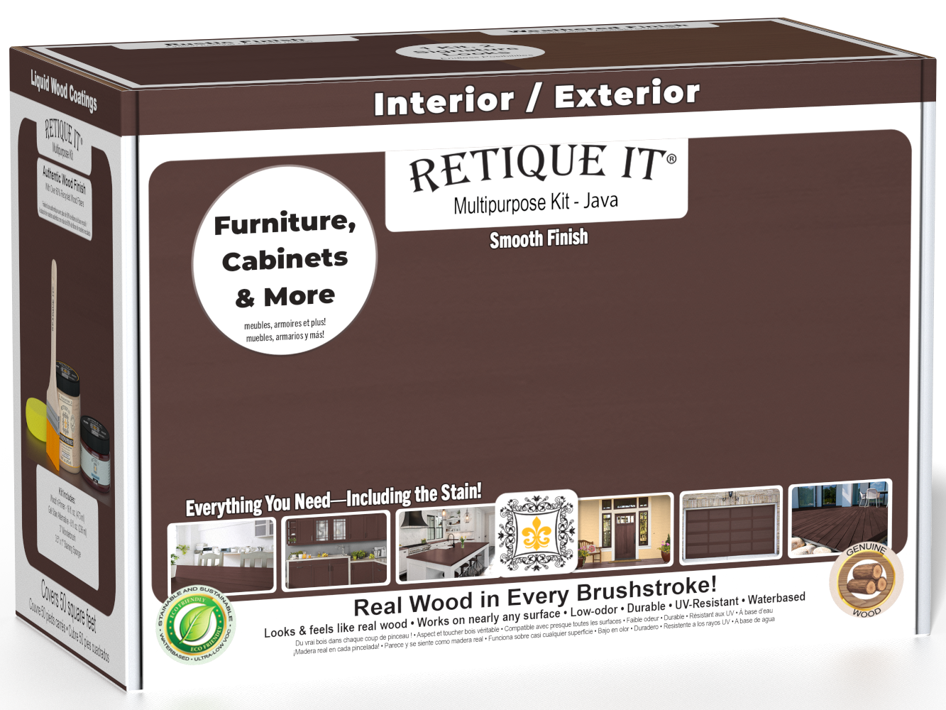 Retique It® wood finish kit in Java with smooth, multi-purpose finish for woodworking projects, shown in the box.