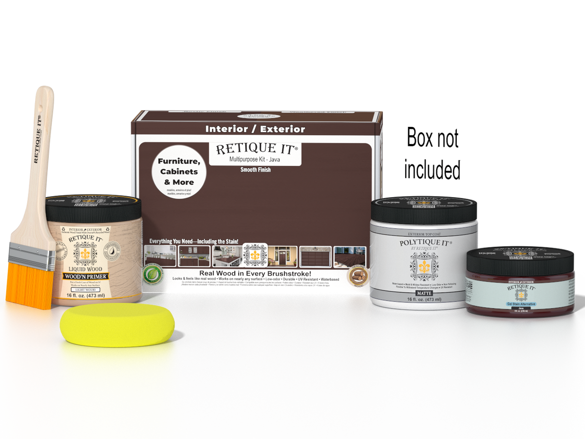 Retique It® Multi-purpose Smooth Finish Kit in Java for exterior wood projects, includes top coat and application tools.