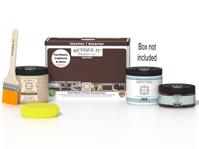 Retique It® Multi-purpose Smooth Finish Kit in Java for interior wood surfaces, includes top coat with glossy finish and application tools.
