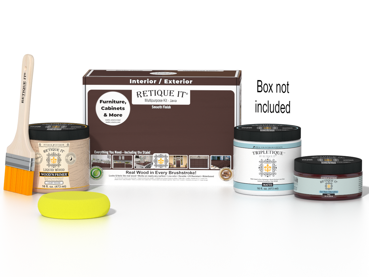 Retique It® Multi-purpose Smooth Finish Kit in Java for interior wood projects, includes top coat and application tools.
