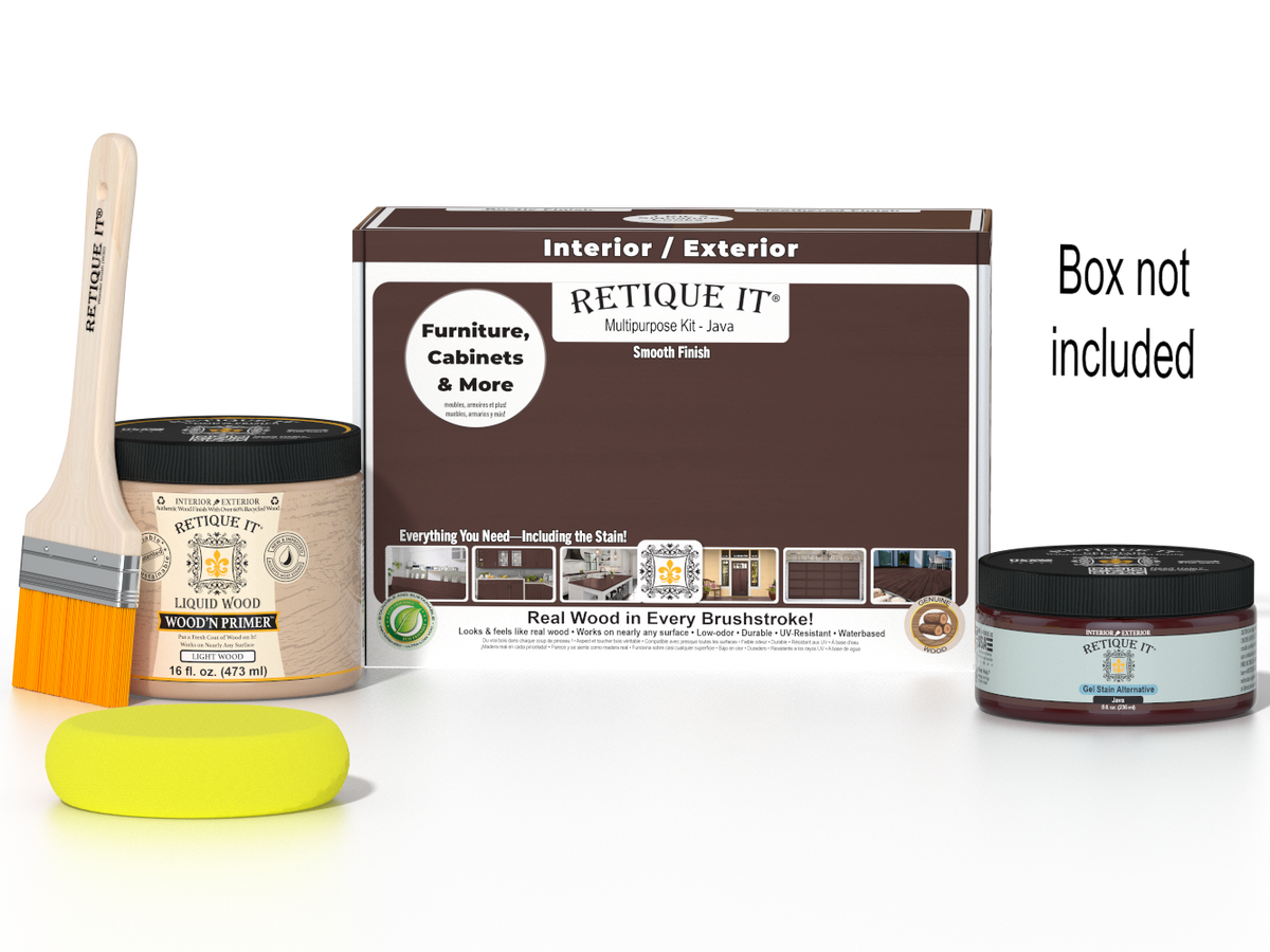 Retique It® Multi-purpose Smooth Finish Kit in Java for wood finishing, includes brushes and tools in a compact box.
