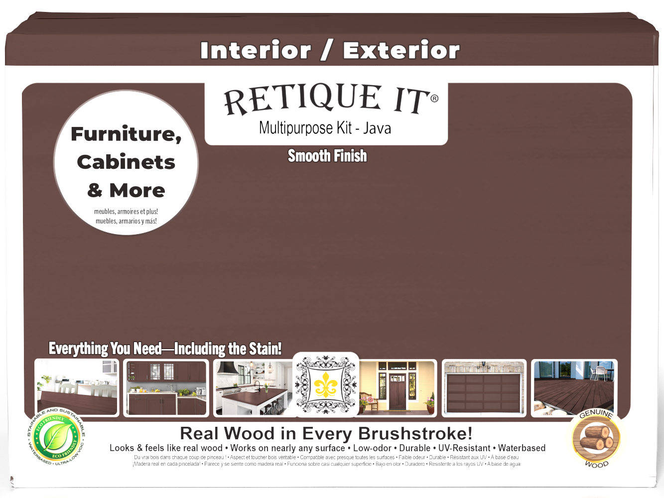 Retique It® Multi-purpose Smooth Finish Kit in Java for exterior wood, includes large box with top coat and matte finish products.