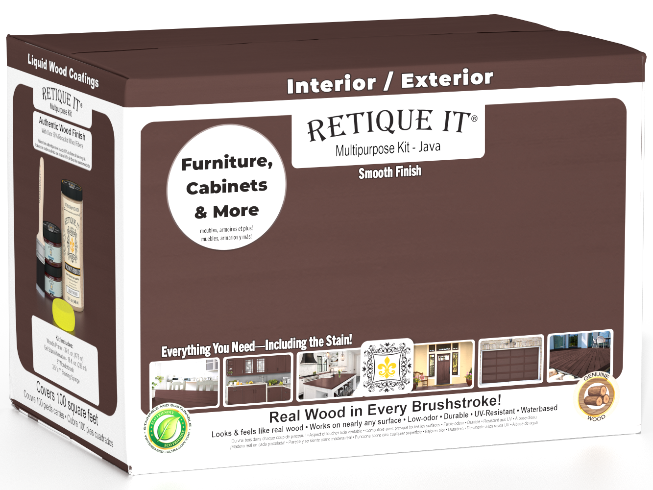 Retique It® Multi-purpose Smooth Finish Kit (Large) in Java for exterior wood, includes top coat and matte finish in box.