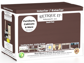 Retique It® Multi-purpose Smooth Finish Kit (Large) in Java for exterior wood, includes top coat and matte finish in box.