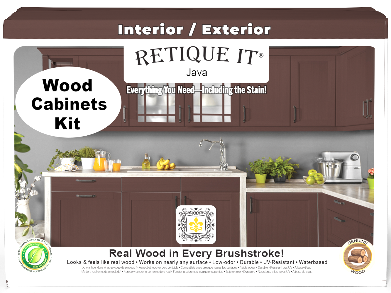Front view of Retique It® Wood'n Cabinet Kit with 12 smooth Java stain cabinet doors for kitchen or bathroom.